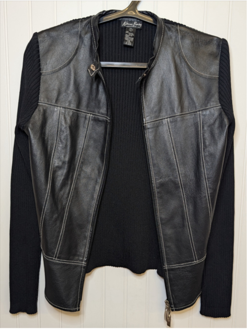 Katherine Barclay 100% Leather Ribbed Knit Mixed Media Jacket Small Black EUC